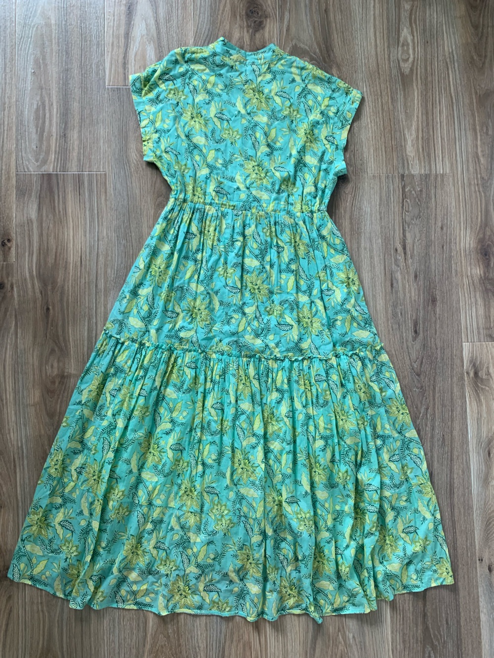 Ro’s Garden Mumi Cotton Midi Dress Women’s M Aqua Green Floral Tiered Boho - Picture 3 of 8